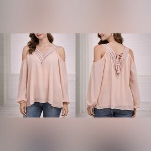 Anthropologie Love Sam Top Pink XS Extra Small Embroidered Long Sleeve Tassel V